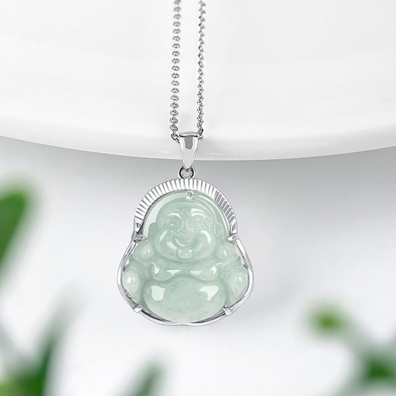 Buddha Stones 925 Sterling Silver Laughing Buddha Jade Luck Calm Necklace Chain Pendant - image 2