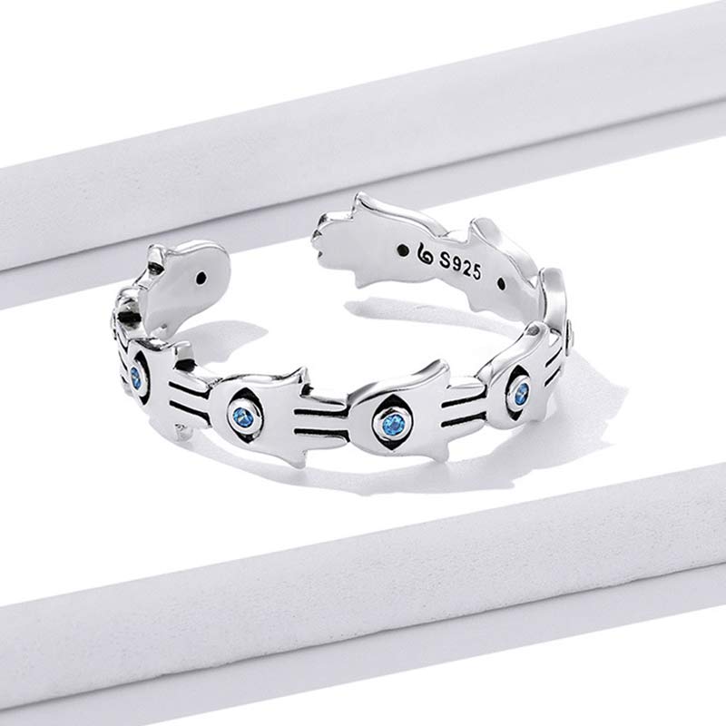 Buddha Stones 925 Sterling Silver Hamsa Symbol Zircon Adjustable Ring - image 5