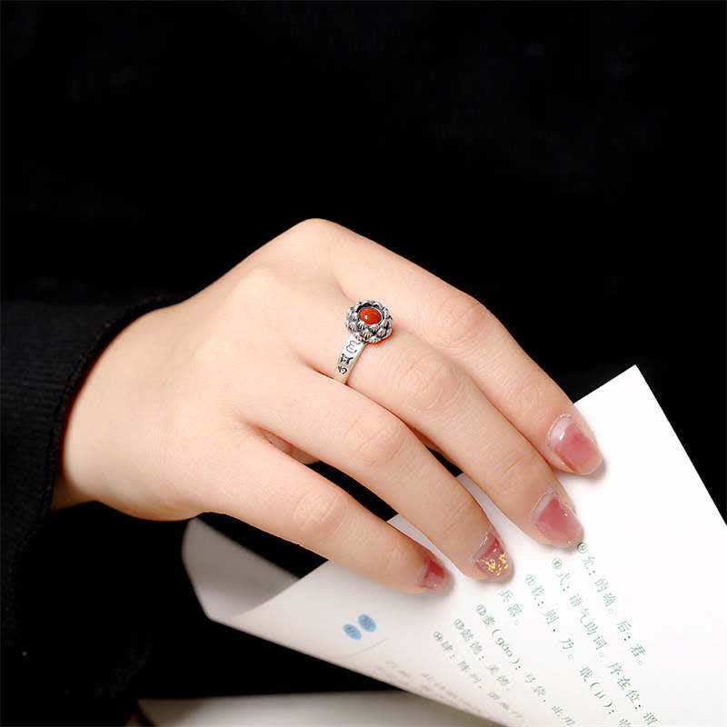925 Sterling Silver Lotus Red Agate Confidence Blessing Ring - image 2