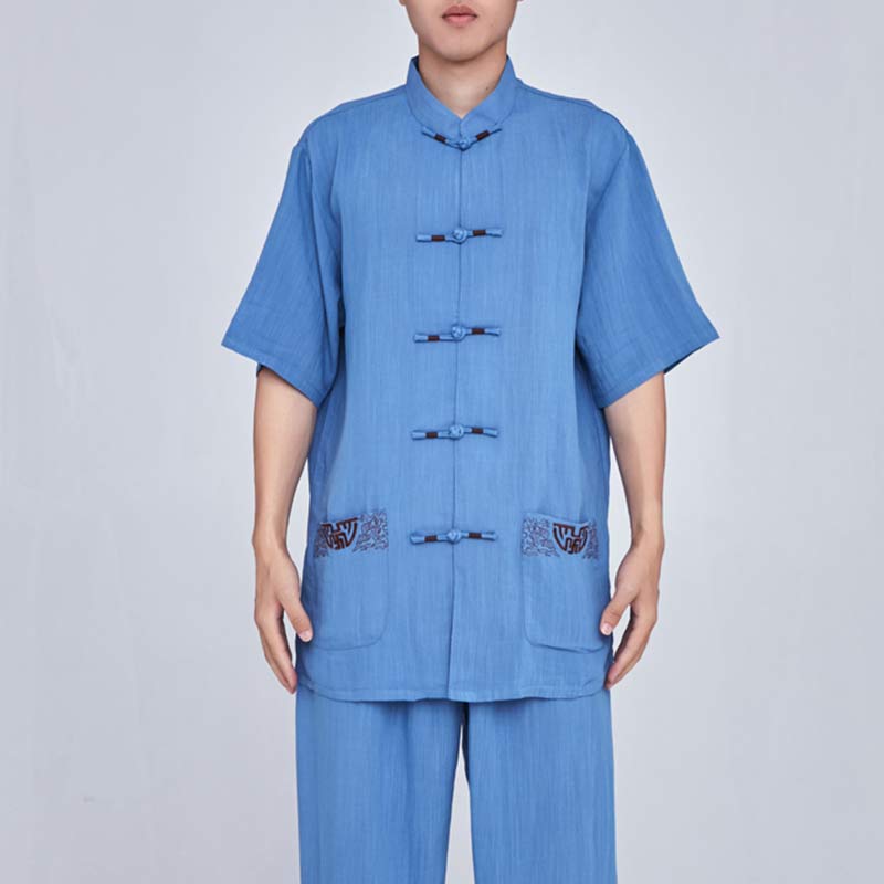 Buddha Stones Meditation Zen Prayer Spiritual Tai Chi Qigong Practice Unisex Embroidery Clothing Set - Short Sleeve Blue Embroidery - US14，UK/AU18，EU46 (3XL) - image 32