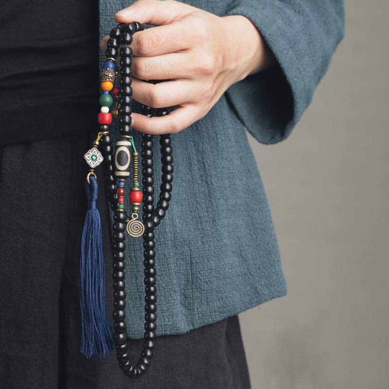 Buddha Stones 108 Beads Mala Ebony Wood Dzi Bead Copper Balance Tassel Bracelet - image 1