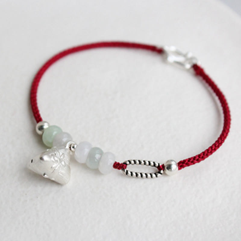 Buddha Stones 925 Sterling Silver Jade Red String Zongzi Charm Abundance Bracelet