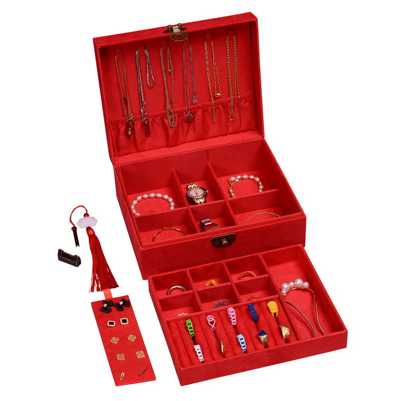 Buddha Stones Simple Design Jewelry Box Organizer Two-Layer Jewelry Storage Box Flannel Box With Lock - Red23*19*6.5cm - image 19