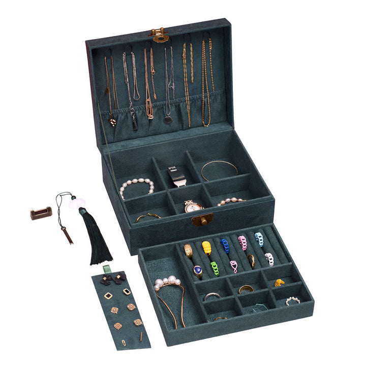 Buddha Stones Simple Design Jewelry Box Organizer Two-Layer Jewelry Storage Box Flannel Box With Lock - Dark Green23*19*6.5cm - image 2