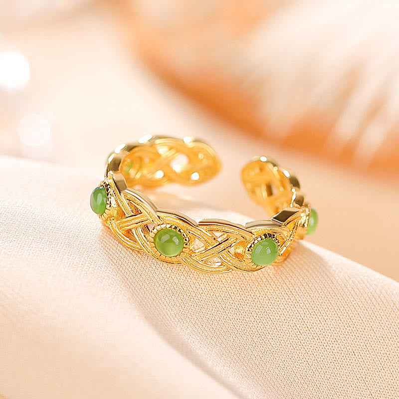 Buddha Stones 925 Sterling Silver Plated Gold Cyan Jade Braided Design Success Luck Adjustable Ring - image 2