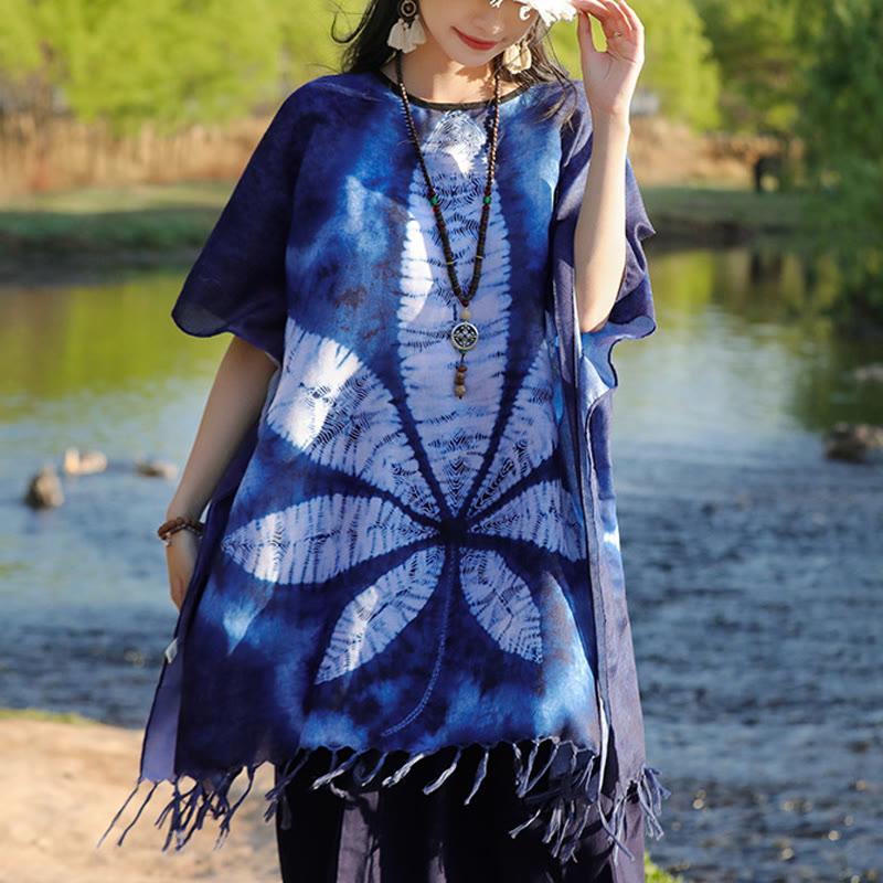 Buddha Stones Blue Batik Shawl Tassels Maple Leaf Cozy Travel Pullover 95*90cm