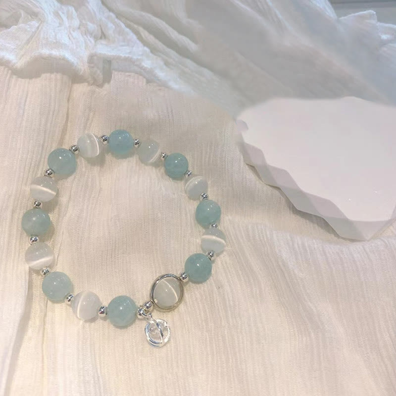 Buddha Stones 925 Sterling Silver Cat's Eye Aquamarine Support Charm Bracelet - image 4
