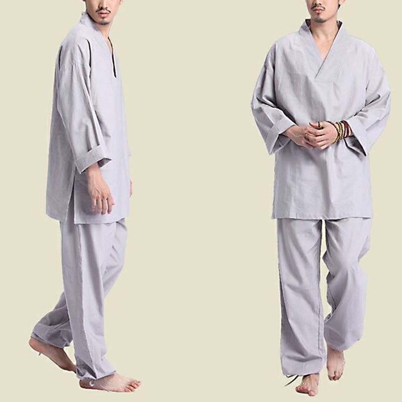 Buddha Stones Meditation Prayer V-neck Design Cotton Linen Spiritual Zen Practice Yoga Clothing Men's Set - image 13