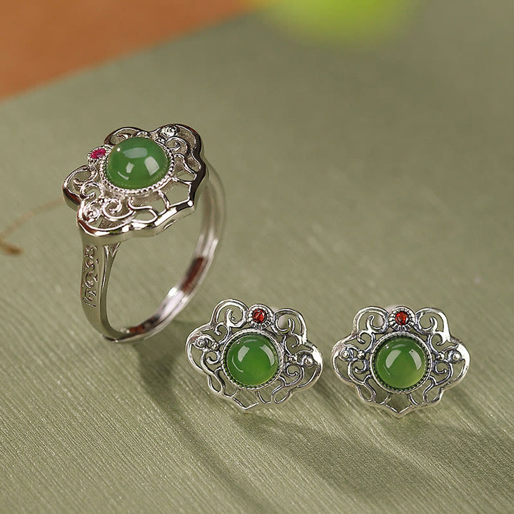 Buddha Stones 925 Sterling Silver Natural Hetian Cyan Jade Hollow Design Luck Ring Earrings Set