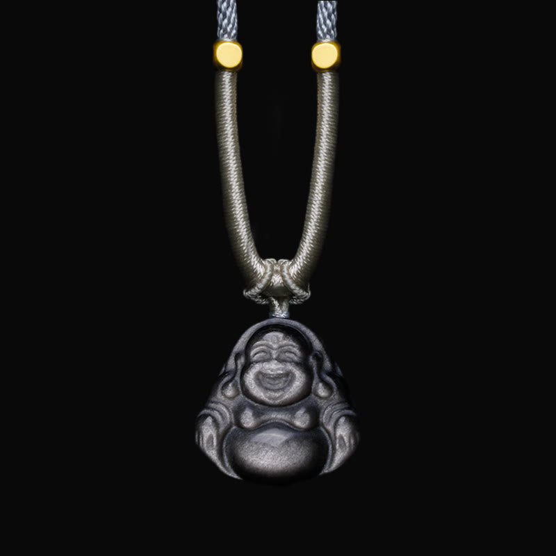 Buddha Stones Natural Silver Sheen Obsidian Laughing Buddha Protection Necklace Pendant - Laughing Buddha Light Gray Necklace - image 6