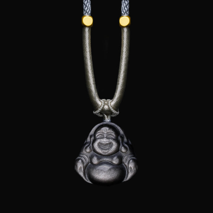 Buddha Stones Natural Silver Sheen Obsidian Laughing Buddha Protection Necklace Pendant - Laughing Buddha Light Gray Necklace - image 6