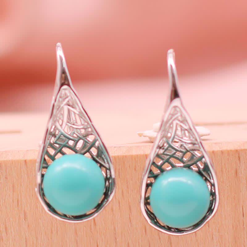 925 Sterling Silver Turquoise Beaded Pattern Protection Drop Dangle Earrings - image 1