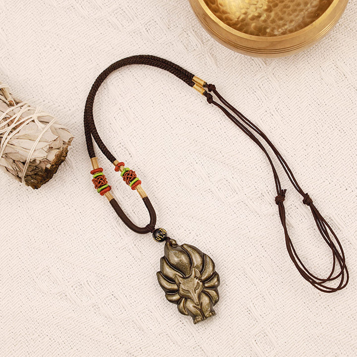 Buddha Stones Natural Rainbow Obsidian Gold Sheen Obsidian Nine Tailed Fox Positive Necklace Pendant