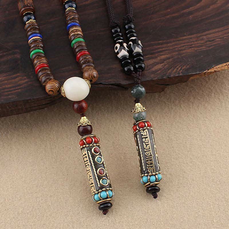Buddha Stones Tibetan Om Mani Padme Hum Dzi Bead Wenge Wood Necklace Pendant - image 2
