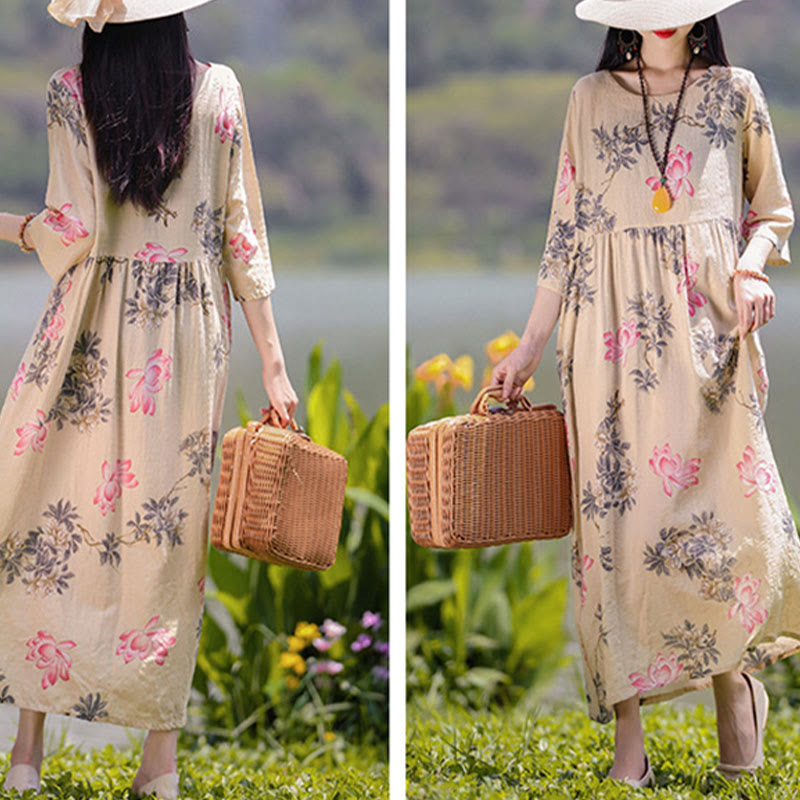 Buddha Stones Flowers Print Midi Dress Cotton Linen Tunic Dress With Pockets