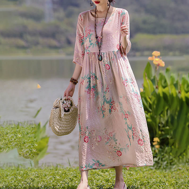 Buddha Stones Flowers Print Midi Dress Cotton Linen Tunic Dress With Pockets