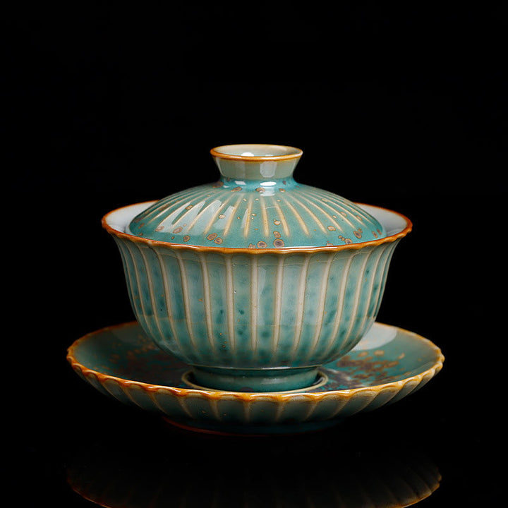 Buddha Stones Retro Glaze Kiln Change Ceramic Gaiwan Sancai Teacup Kung Fu Tea Cup And Saucer With Lid - Green STYLE (COLOR & GLAZE MAY VARY) - 11.5cm*8.5cm*140ml - image 8