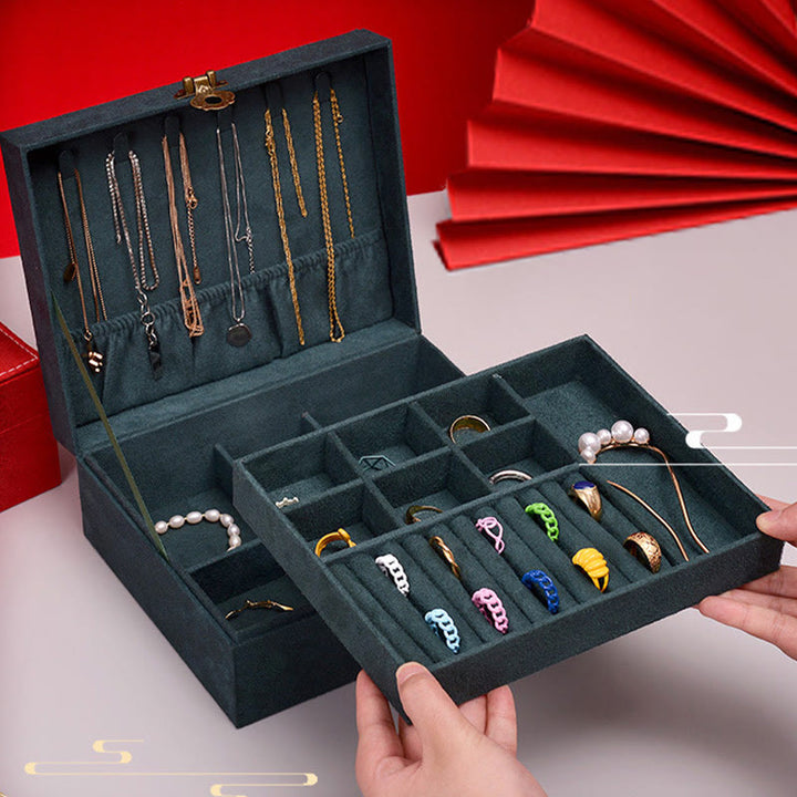 Buddha Stones Simple Design Jewelry Box Organizer Two-Layer Jewelry Storage Box Flannel Box With Lock - image 3