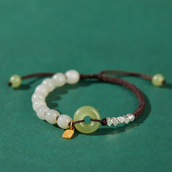 925 Sterling Silver Hetian Jade Peace Buckle Beaded Luck Happiness Charm Bracelet - Dark Brown - image 13