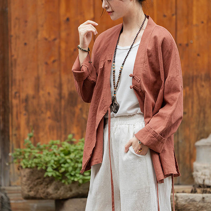 Buddha Stones Frog-Button Hanfu Design Shirt Top Ramie Linen Jacket