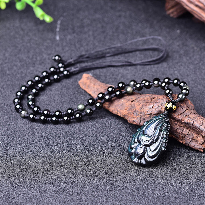 Natural Rainbow Obsidian Nine Tailed Fox Inner Peace Necklace Beaded String Pendant