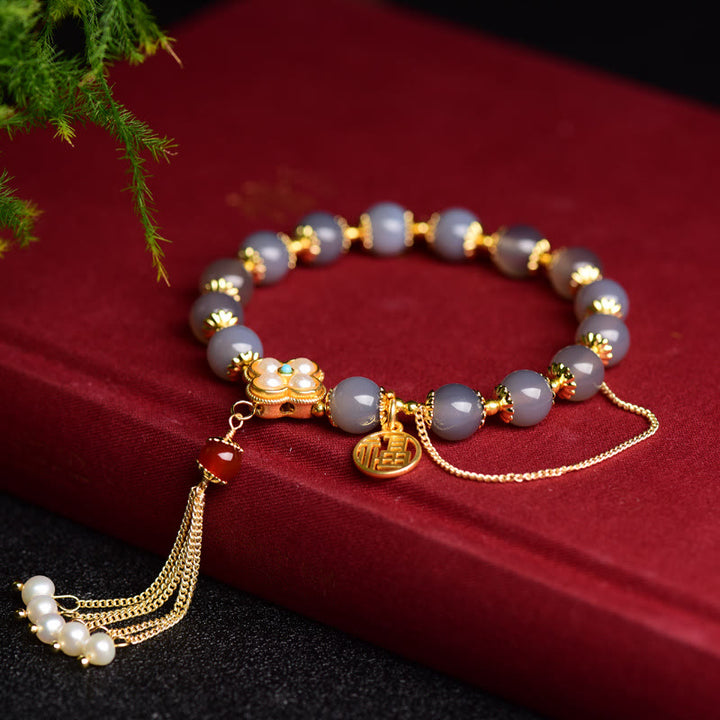 Buddha Stones Natural Gray Agate Fu Character Pearl Tassel Balance Bracelet