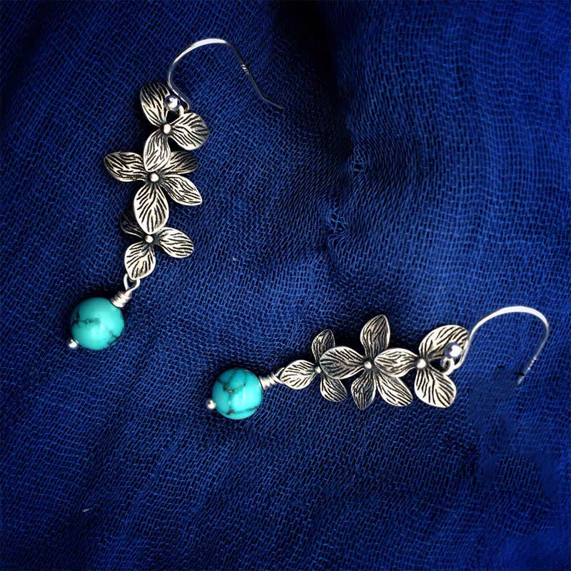 925 Sterling Silver Turquoise Lazurite Flower Leaf Serenity Protection Hook Drop Dangle Earrings - image 8