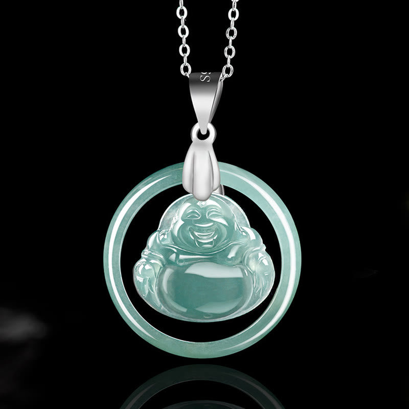 Buddha Stones Natural Jade Round Laughing Buddha Abundance Titanium Steel Chain Necklace Pendant - Laughing Buddha(Happiness♥Wealth) - image 0