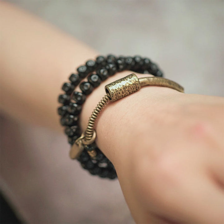 Buddha Stones Retro Coconut Shell Brass Copper Happiness Triple Wrap Bracelet - image 9