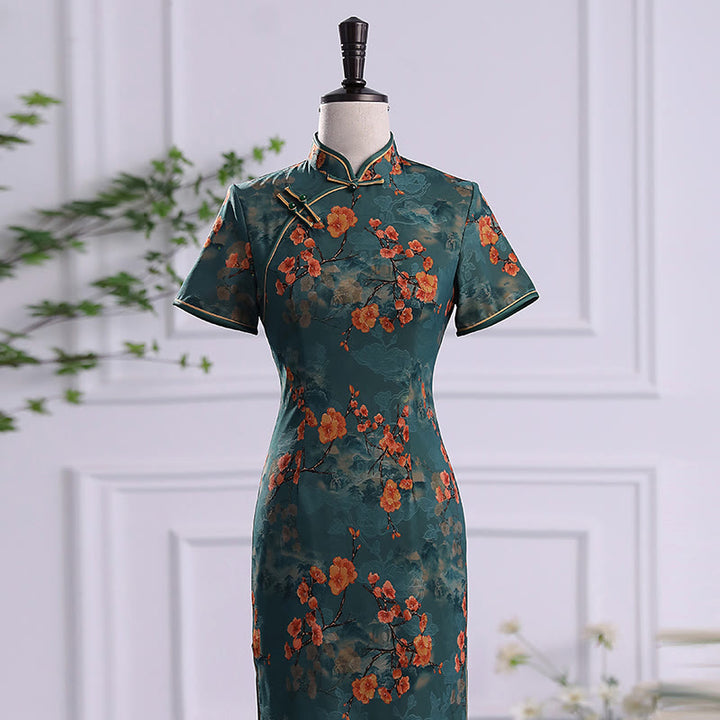 Buddha Stones Retro Flower Lotus Peony Feather Print Qipao Dress Women's Cheongsam Dress - image 3