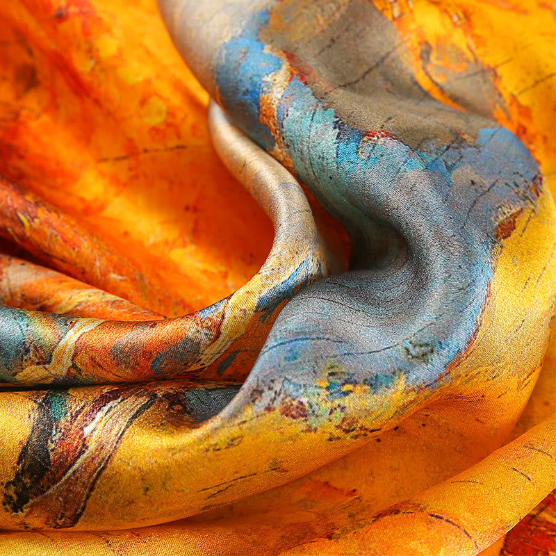 Buddha Stones Oil Painting City Snow Scene Castle Lotus 100% Mulberry Silk Neck Hair Scarf - image 3