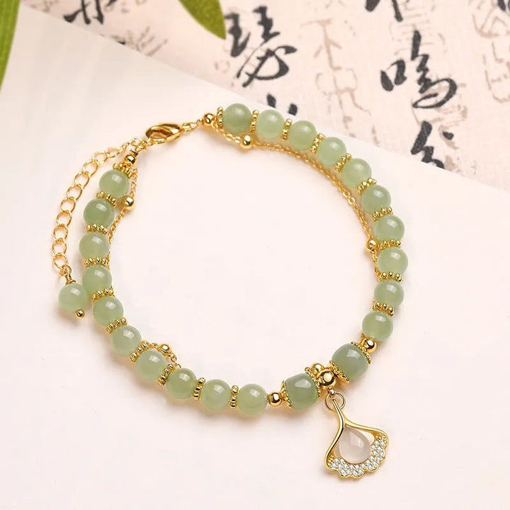 Buddha Stones Jade Leaf Ginkgo Tulip Peanut Fu Character Luck Beaded Bracelet - Ginkgo Leaf&Jade - image 9
