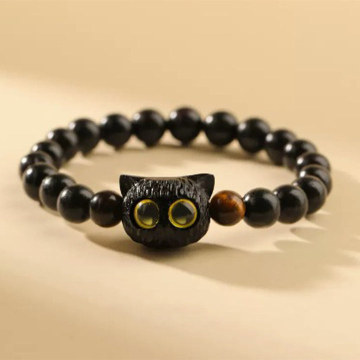 Buddha Stones Cute Ebony Wood Cat Head Pattern Peace Bracelet