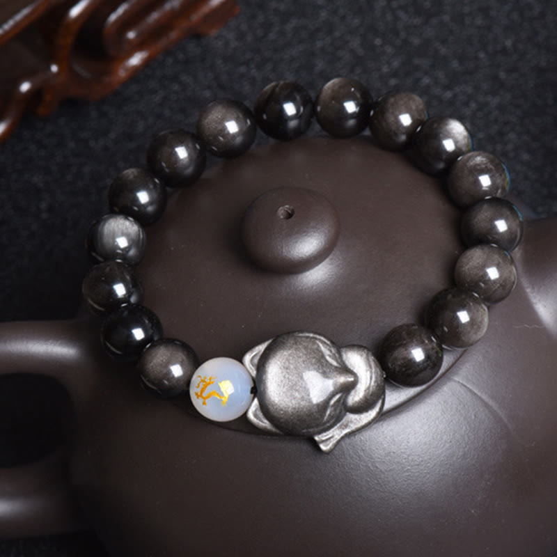 Buddha Stones Natural Rainbow Obsidian Gold Sheen Obsidian Silver Sheen Obsidian Fox Healing Bracelet