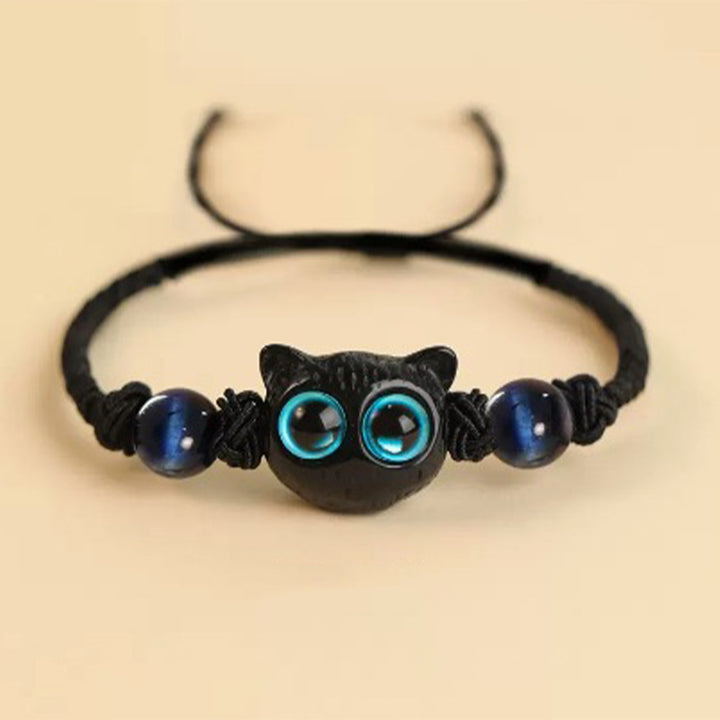 Buddha Stones Cute Ebony Wood Cat Head Pattern Peace Bracelet