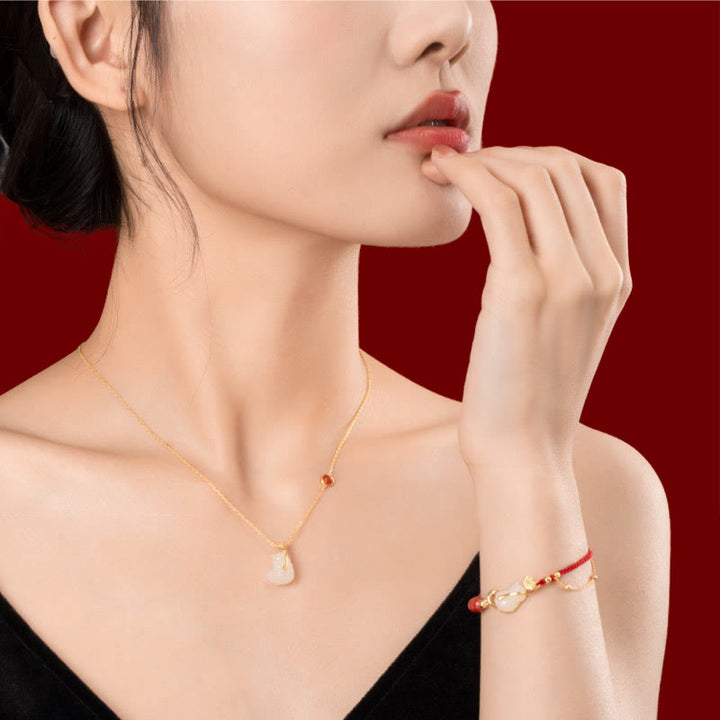 Buddha Stones 925 Sterling Silver Plated 18K Gold Hetian Jade Ruyi Cat Cinnabar Luck Bracelet Necklace Pendant Set