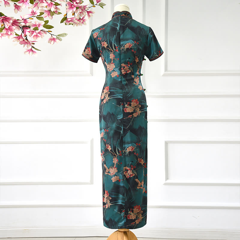 Buddha Stones Vintage Pink Flowers Print Cheongsam Dress Women's Qipao Dress