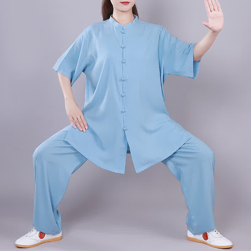 Tai Chi Qigong Meditation Prayer Spiritual Zen Practice Unisex Cotton Linen Clothing Set - Blue - Short Sleeve - US14，UK/AU18，EU46 (3XL)  - image 13