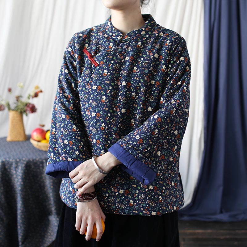 Buddha Stones Flowers Cotton Linen Jacket Shirt Chinese Northeast Style Winter Clothing