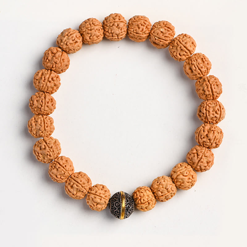 Buddha Stones Tibet Rudraksha Bodhi Seed Wealth Auspiciousness Bracelet - Tibetan Silver Round Bead - image 1