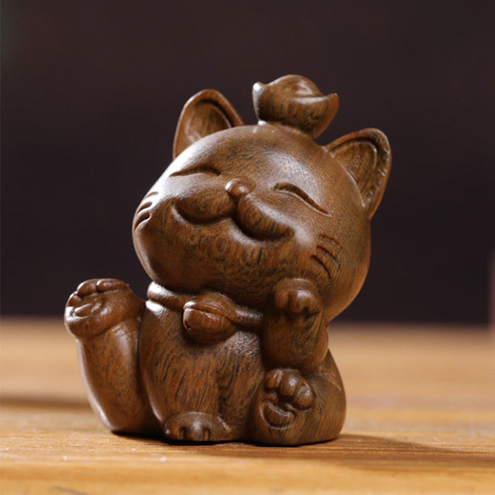 Buddha Stones Mini Green Sandalwood Ingot Lucky Cat Carved Peace Desk Decorations - image 6
