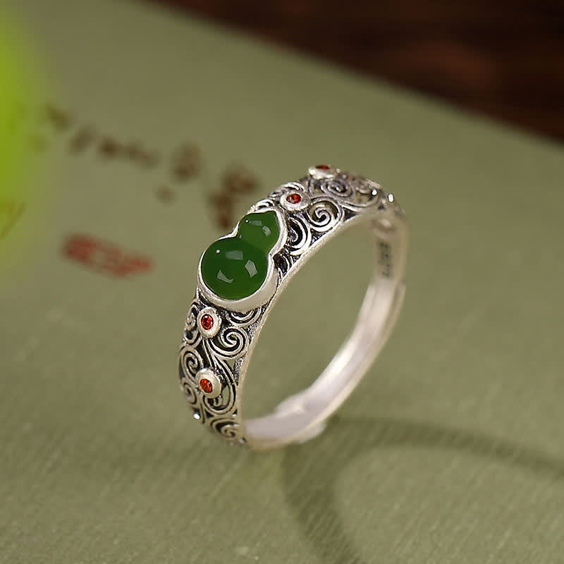 925 Sterling Silver Red Agate Cyan Jade Gourd Blessing Auspicious Ring - Cyan Jade(Success♥Healing) - image 5