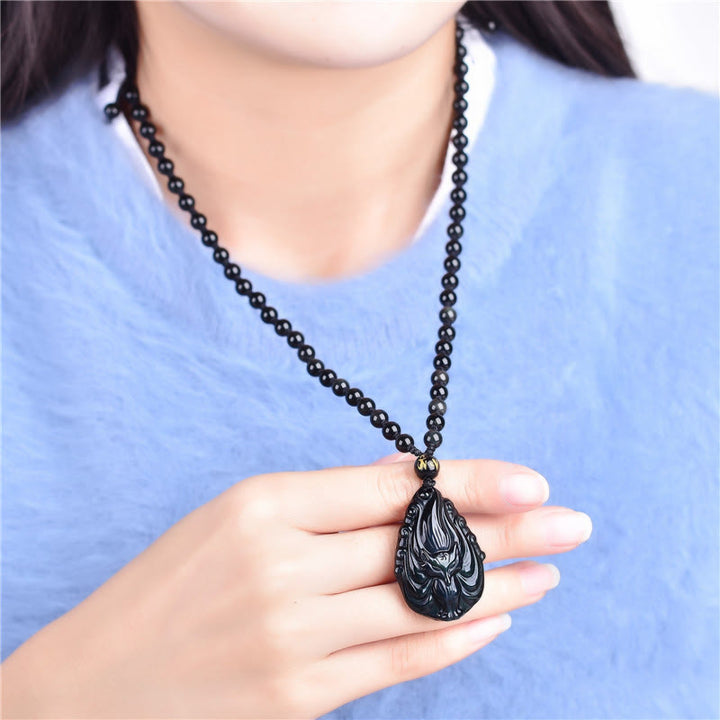 Natural Rainbow Obsidian Nine Tailed Fox Inner Peace Necklace Beaded String Pendant