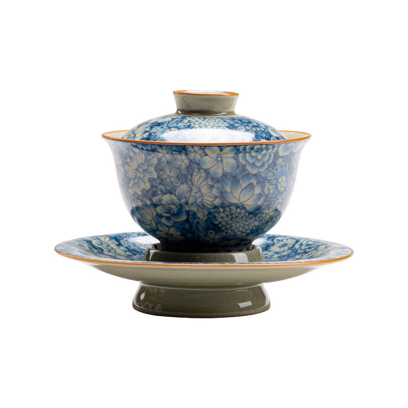 Buddha Stones Vintage Blue And White Porcelain Peach Blossom Lotus Peony Ceramic Gaiwan Sancai Teacup Kung Fu Tea Cup And Saucer With Lid - image 9