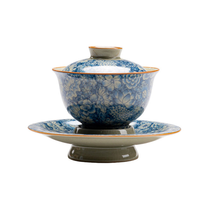 Buddha Stones Vintage Blue And White Porcelain Peach Blossom Lotus Peony Ceramic Gaiwan Sancai Teacup Kung Fu Tea Cup And Saucer With Lid - image 9