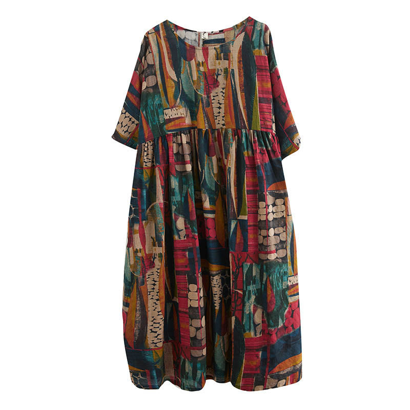 Buddha Stones Colorful Graphics Midi Dress Cotton Half Sleeve Tunic Dress With Pockets