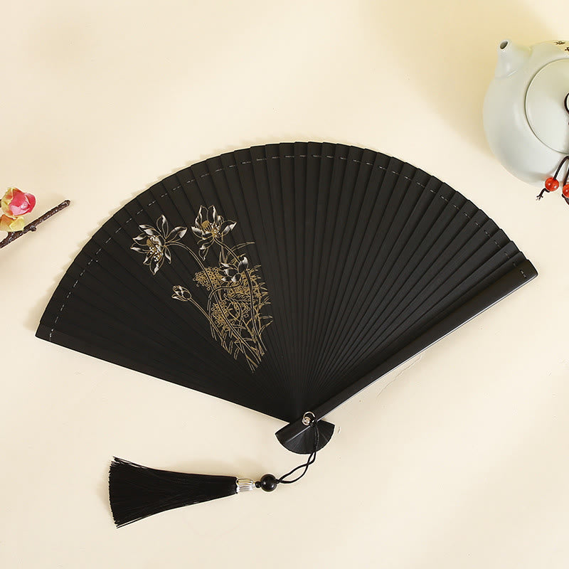 Buddha Stones Hibiscus Flower Plum Blossom Handheld Bamboo Folding Fan