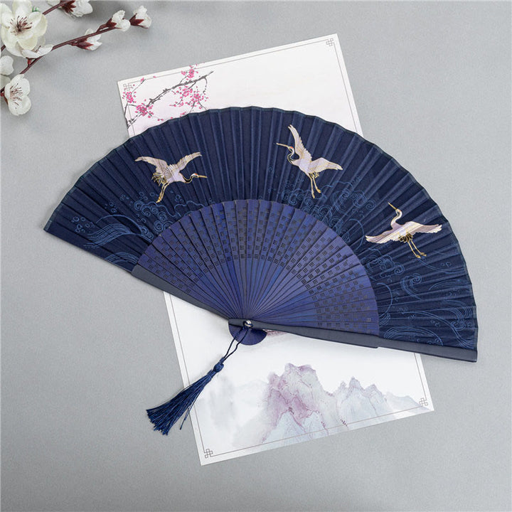 Buddha Stones Crane Dragonfly Lotus Peony Plum Blossom Butterfly Handheld Silk Bamboo Folding Fan 22.5cm