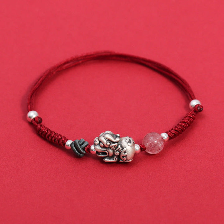 Buddha Stones 999 Sterling Silver PiXiu Strawberry Quartz Bead Wealth Luck Braided Bracelet - Red Rope(Wrist Circumference 14-19cm) - image 2