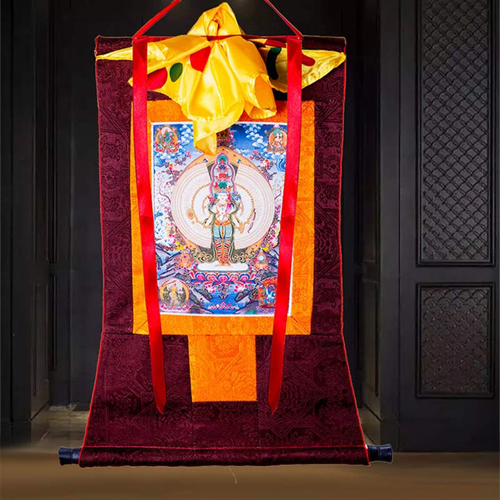 Buddha Stones Tibetan Thousand-handed Avalokitesvara Framed Thangka Blessing Decoration